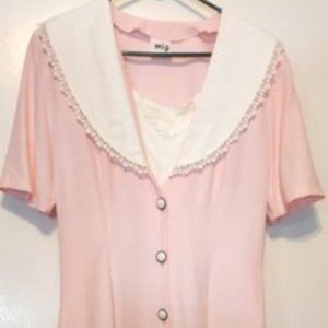 VTG MIZ Womans Sweet Pink Button Up Dress Lg White Collor Feminine.Summer